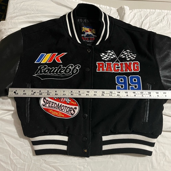 Red Fox Black Racing Varsity Jacket with Patches cropped size large women - Picture 1 of 12